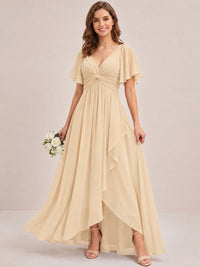 Dusty Blue Chiffon Bridesmaid Dress with Flutter Sleeves & High-Low Hem