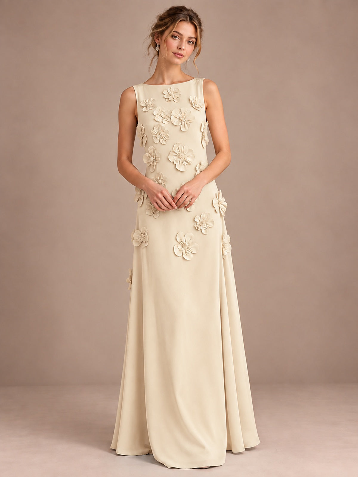 3D Floral Applique Sleeveless Formal Maxi Dress