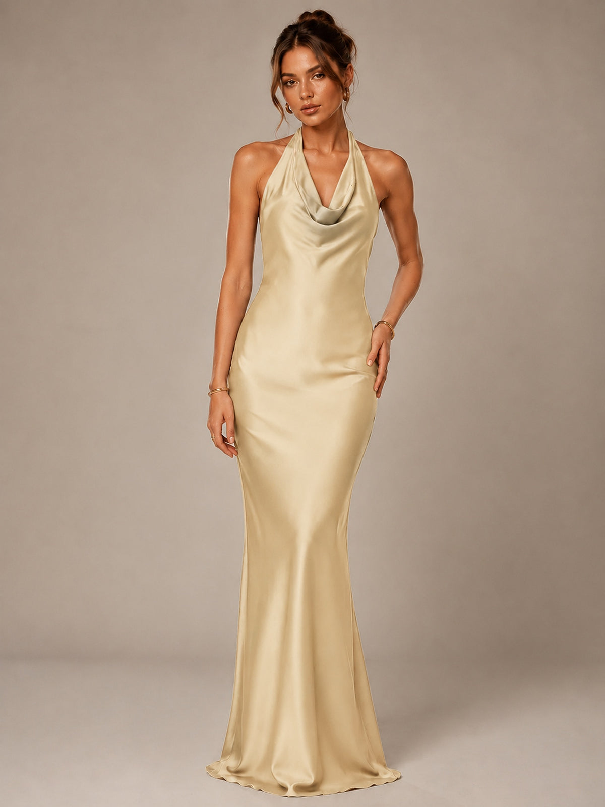Olive Green Halter Satin Mermaid Maxi Dress