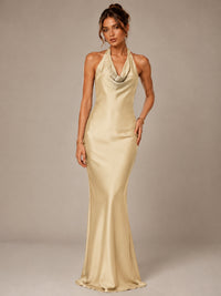 Olive Green Halter Satin Mermaid Maxi Dress