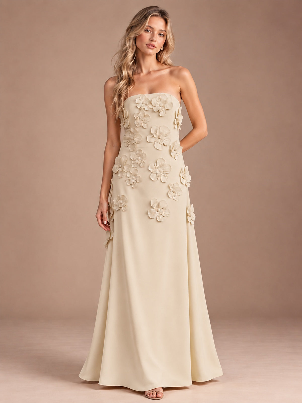 Champagne-Strapless 3D Floral A-line Satin Prom Maxi Dress Formal Evening Gown