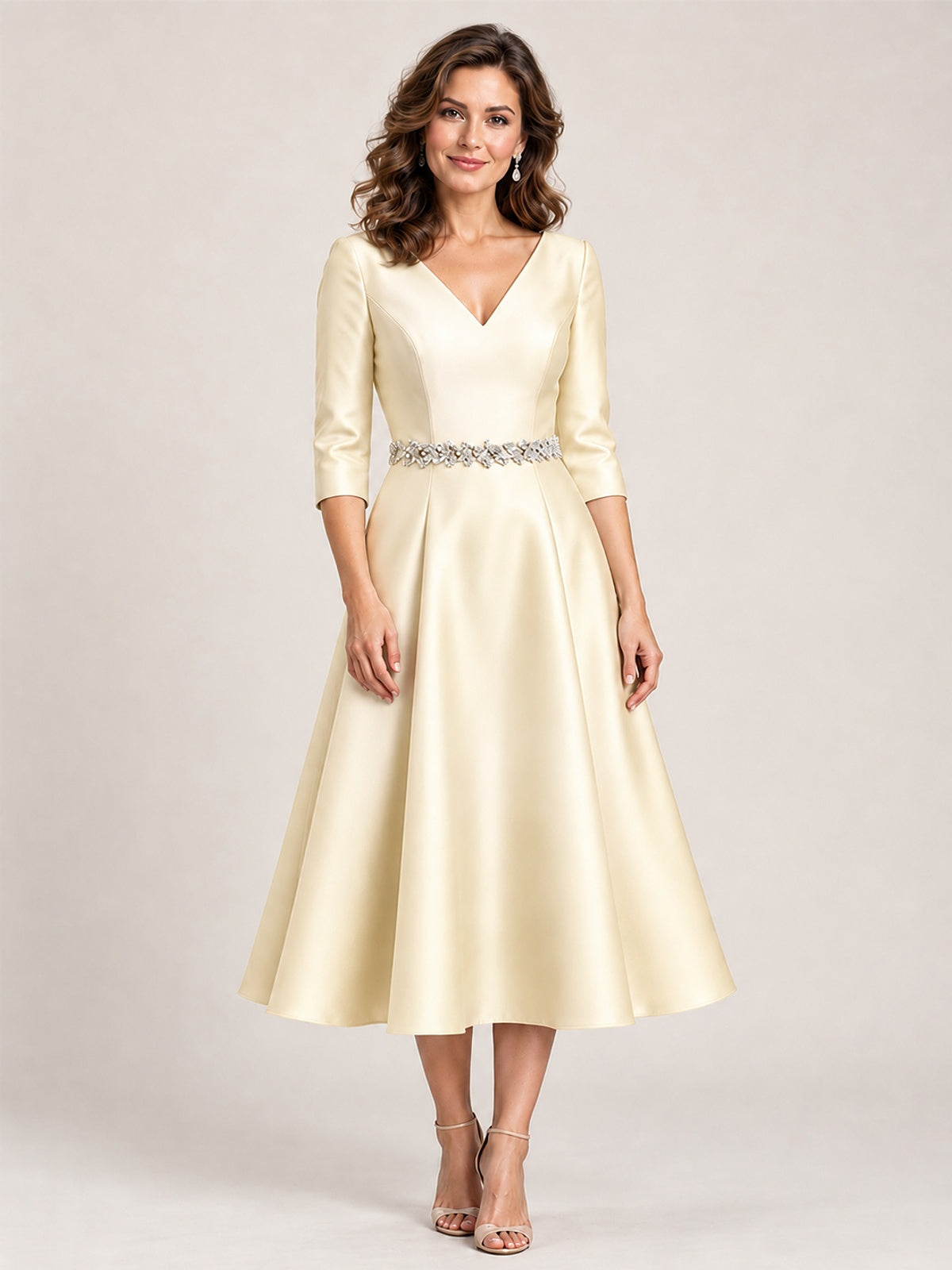 Champagne V-Neck Tea-Length Mother of the Bride Dress with Embellished Waist