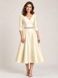 Champagne V-Neck Tea-Length Mother of the Bride Dress with Embellished Waist