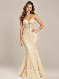 Strapless Corset Mermaid Prom Dress with Floral Lace Appliqué