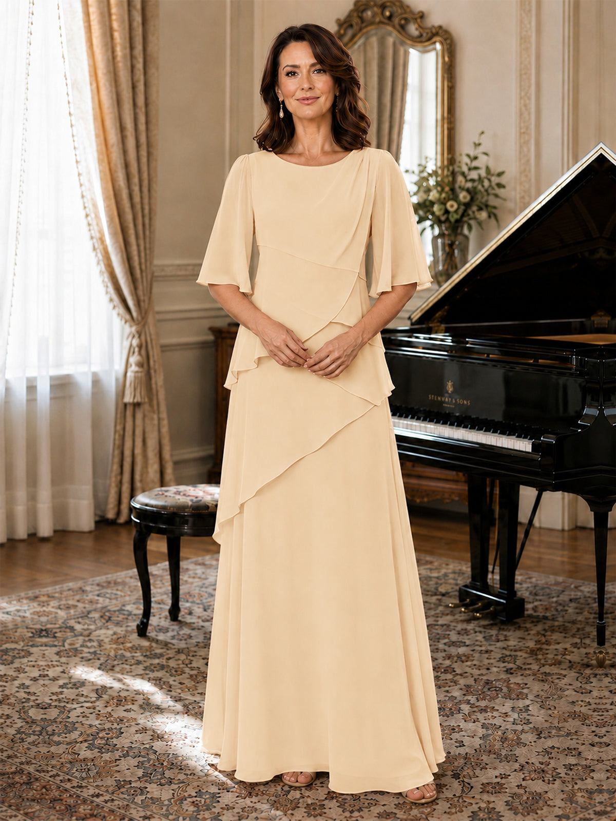 Asymmetric Draped Chiffon Mother of the Bride Dress with Flutter Sleeves
