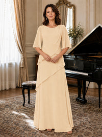 Asymmetric Draped Chiffon Mother of the Bride Dress with Flutter Sleeves