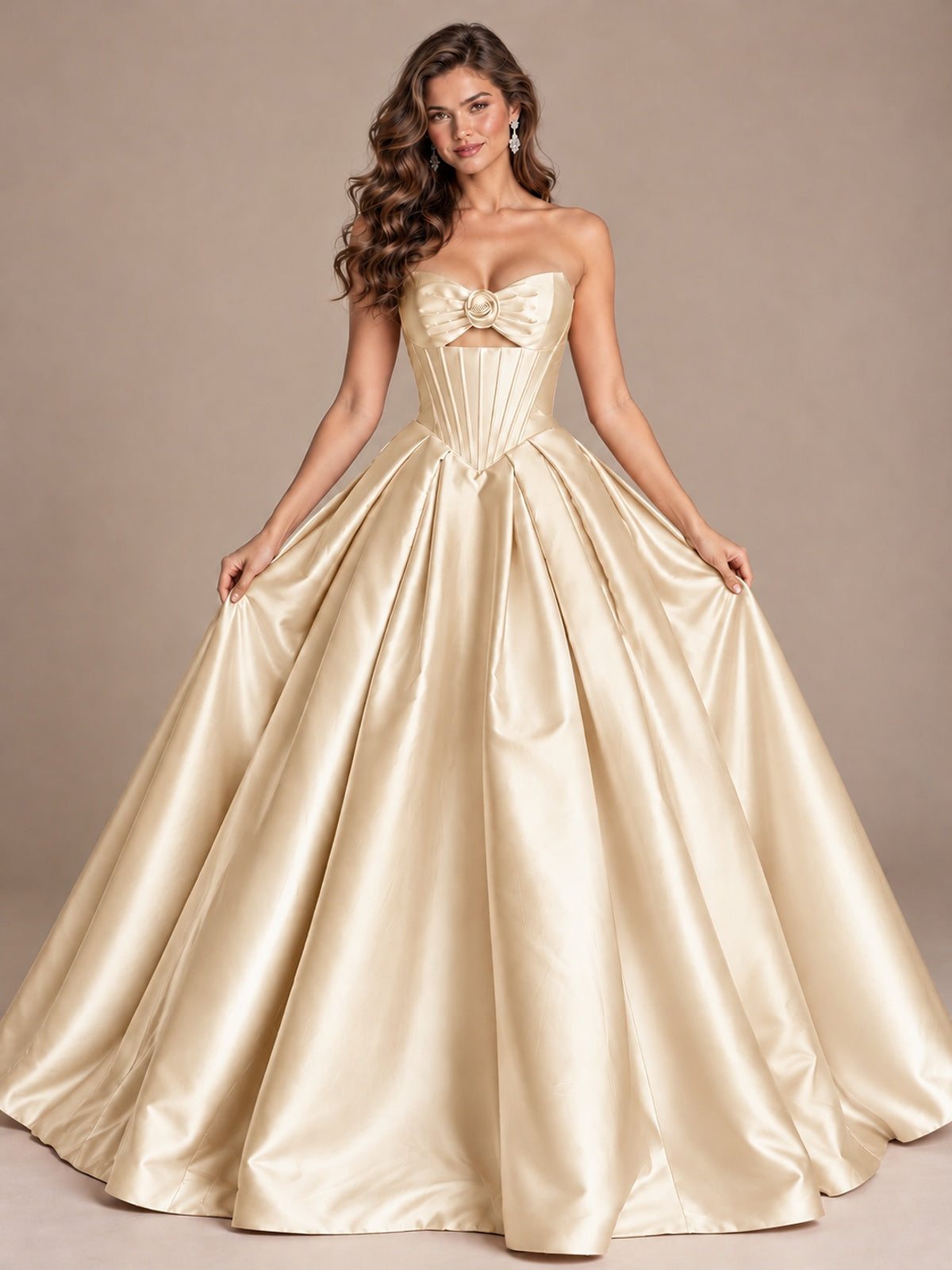 Pink Strapless Corset Satin Prom Derss & Ball Gown with 3D Floral