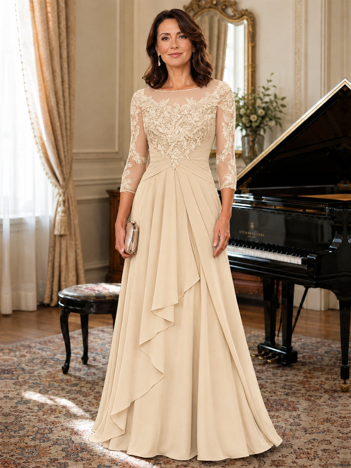 A-Line Chiffon Mother of the Bride Dress with Floral Applique 3/4 Sleeves