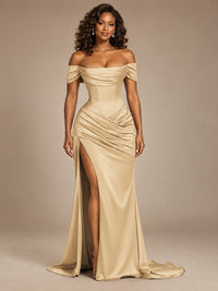 Burgundy Off-the-Shoulder Satin Corset Prom Dress with Slit
