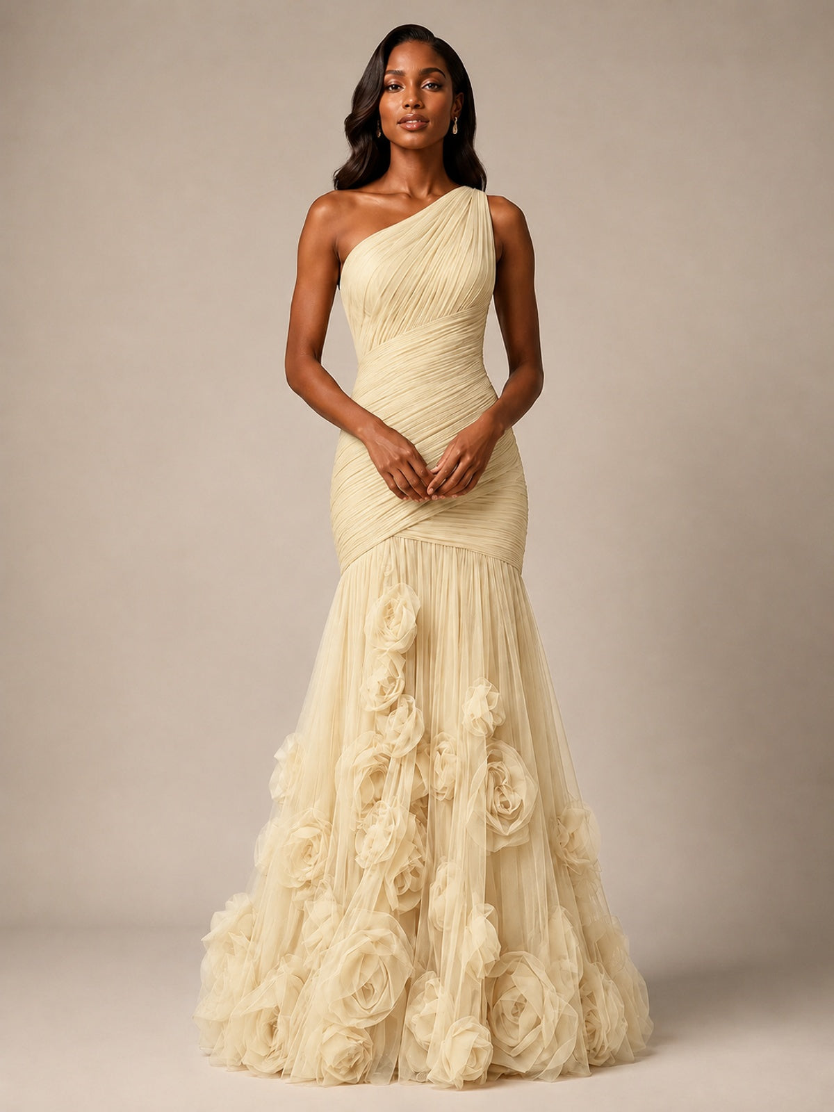 Blush Pink One Shoulder 3D Floral Mermaid Prom Dress