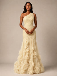 Blush Pink One Shoulder 3D Floral Mermaid Prom Dress