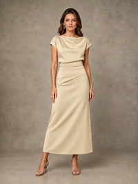 Cowl Neck Satin Mother of the Bride Dress with Ruched Waist