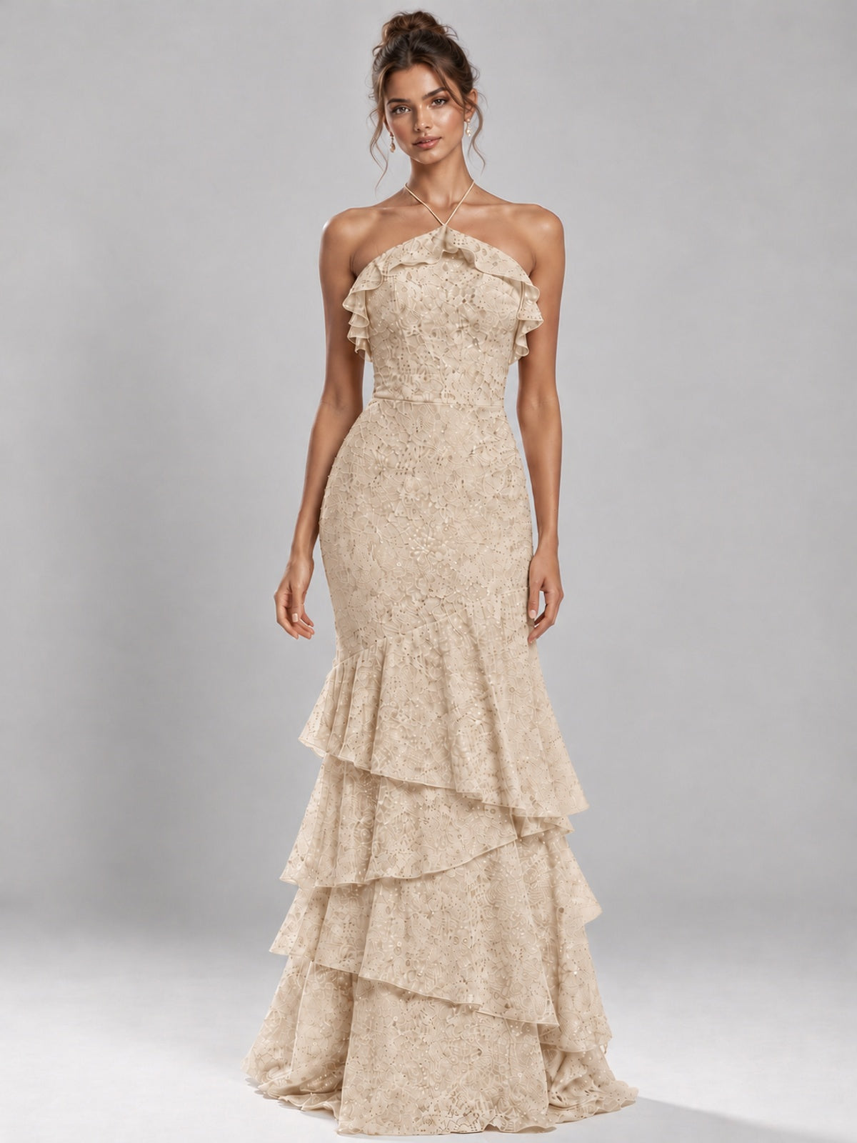 Halter Tiered Mermaid Prom Dress with Sparkly Lace