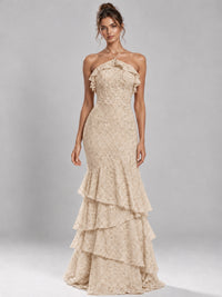 Halter Tiered Mermaid Prom Dress with Sparkly Lace