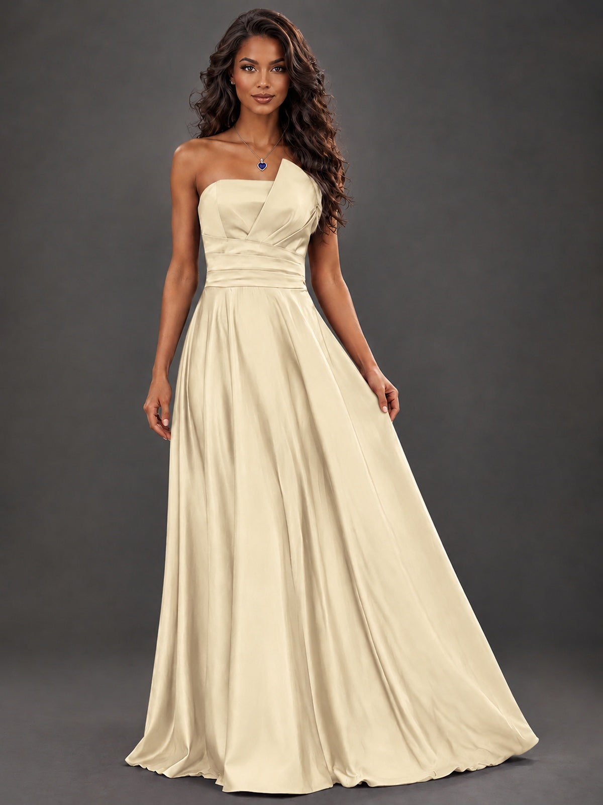 Draped Satin Prom Dress Strapless A-line Formal Dress Floor Length