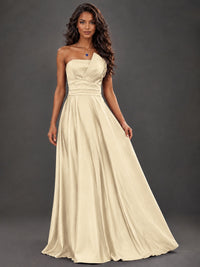 Draped Satin Prom Dress Strapless A-line Formal Dress Floor Length
