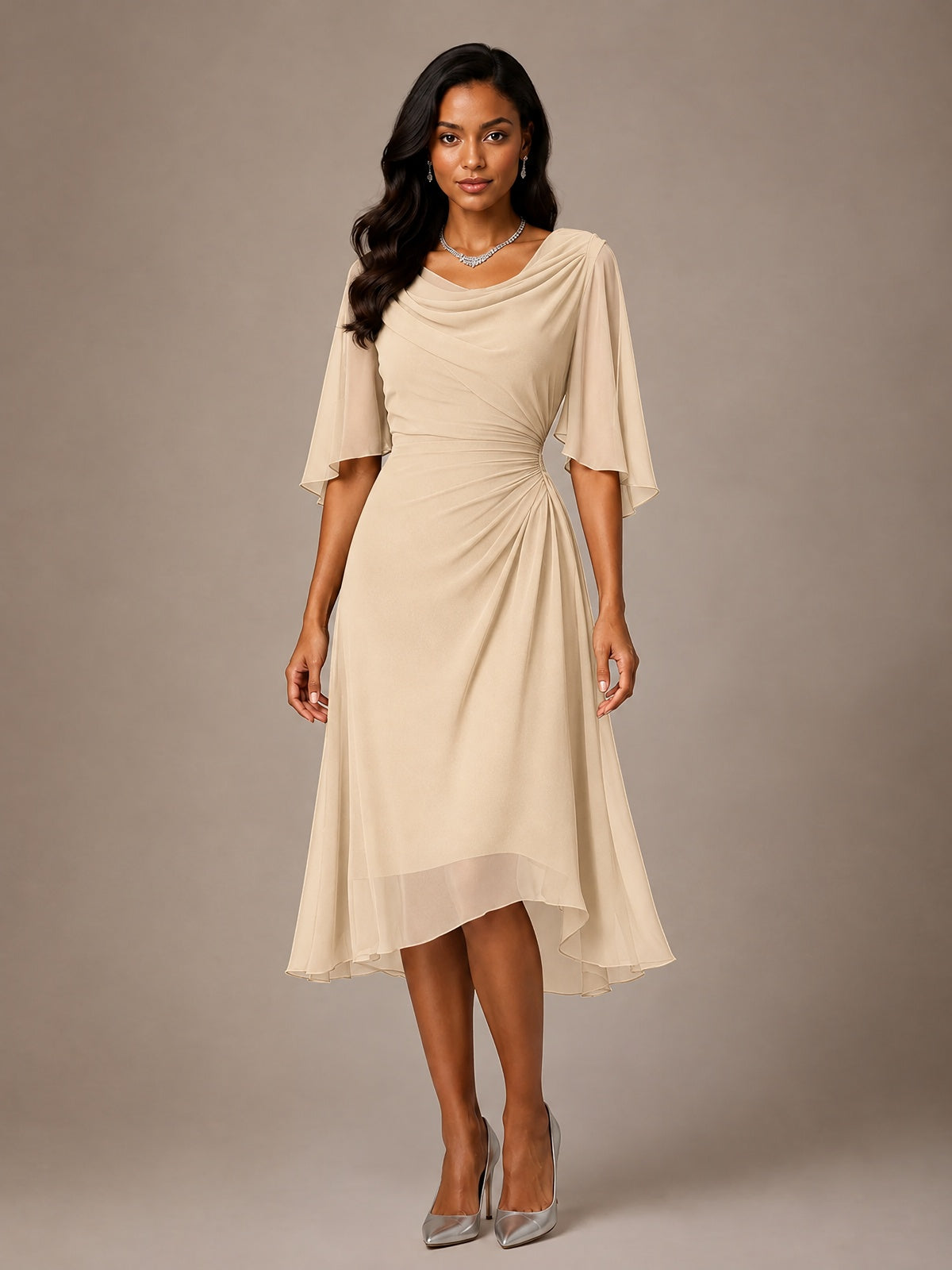 Cowl Neck Ruched Chiffon Mother of the Bride Dresses with Flutter Sleeves