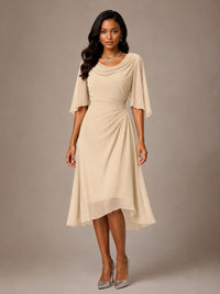 Cowl Neck Ruched Chiffon Mother of the Bride Dresses with Flutter Sleeves
