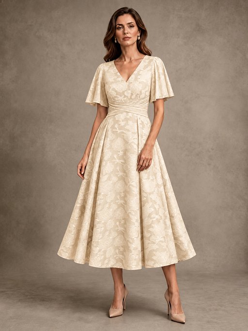 V-Neck Floral Jacquard Tea-Length Mother of the Bride Dress