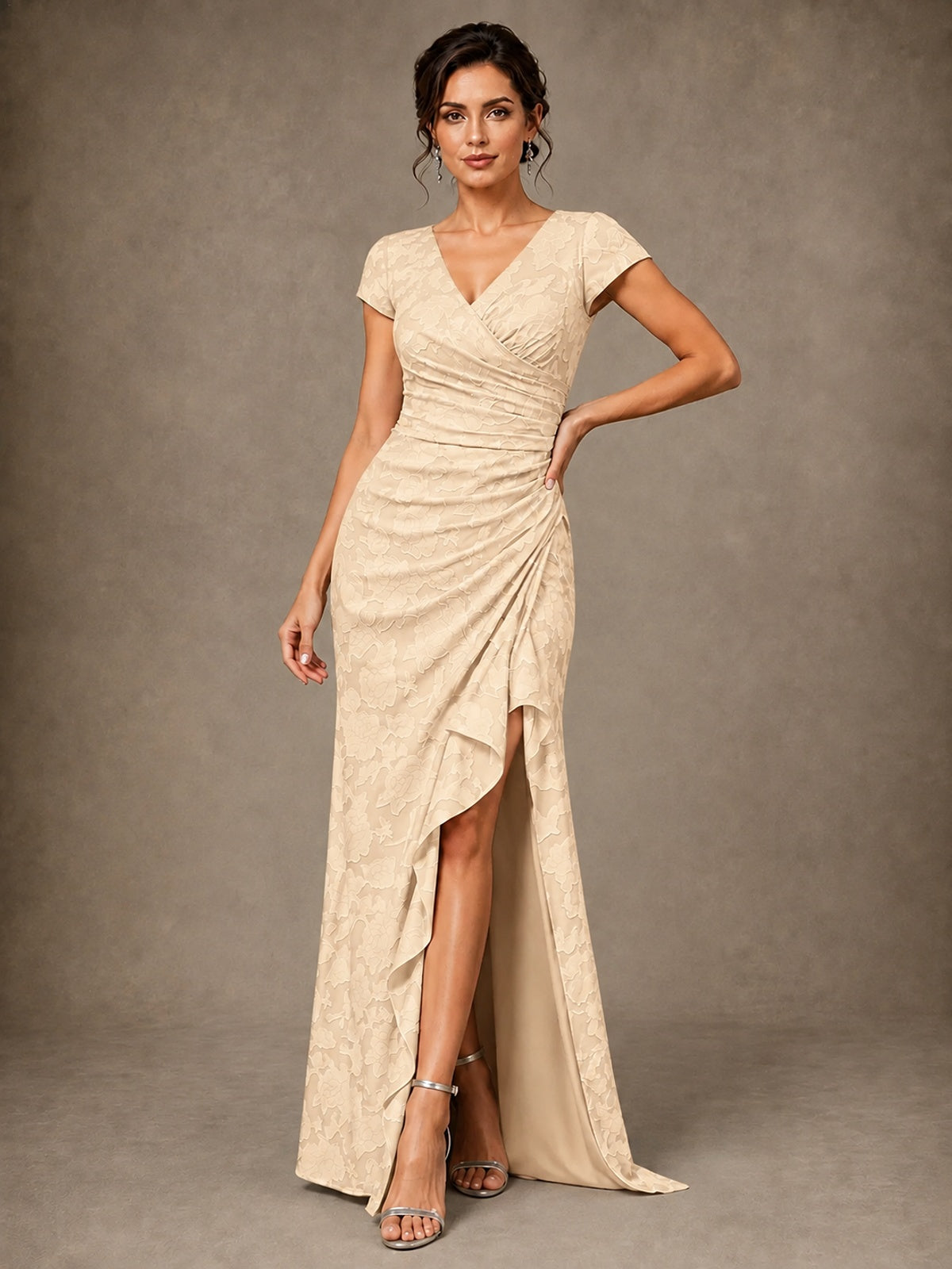 V-Neck Floral Jacquard Mother of the Bride Dress with Slit