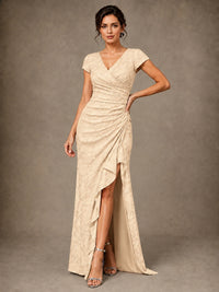 V-Neck Floral Jacquard Mother of the Bride Dress with Slit