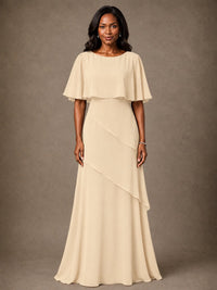 Taupe Chiffon A-Line Mother of the Bride Dress with Cape Sleeves