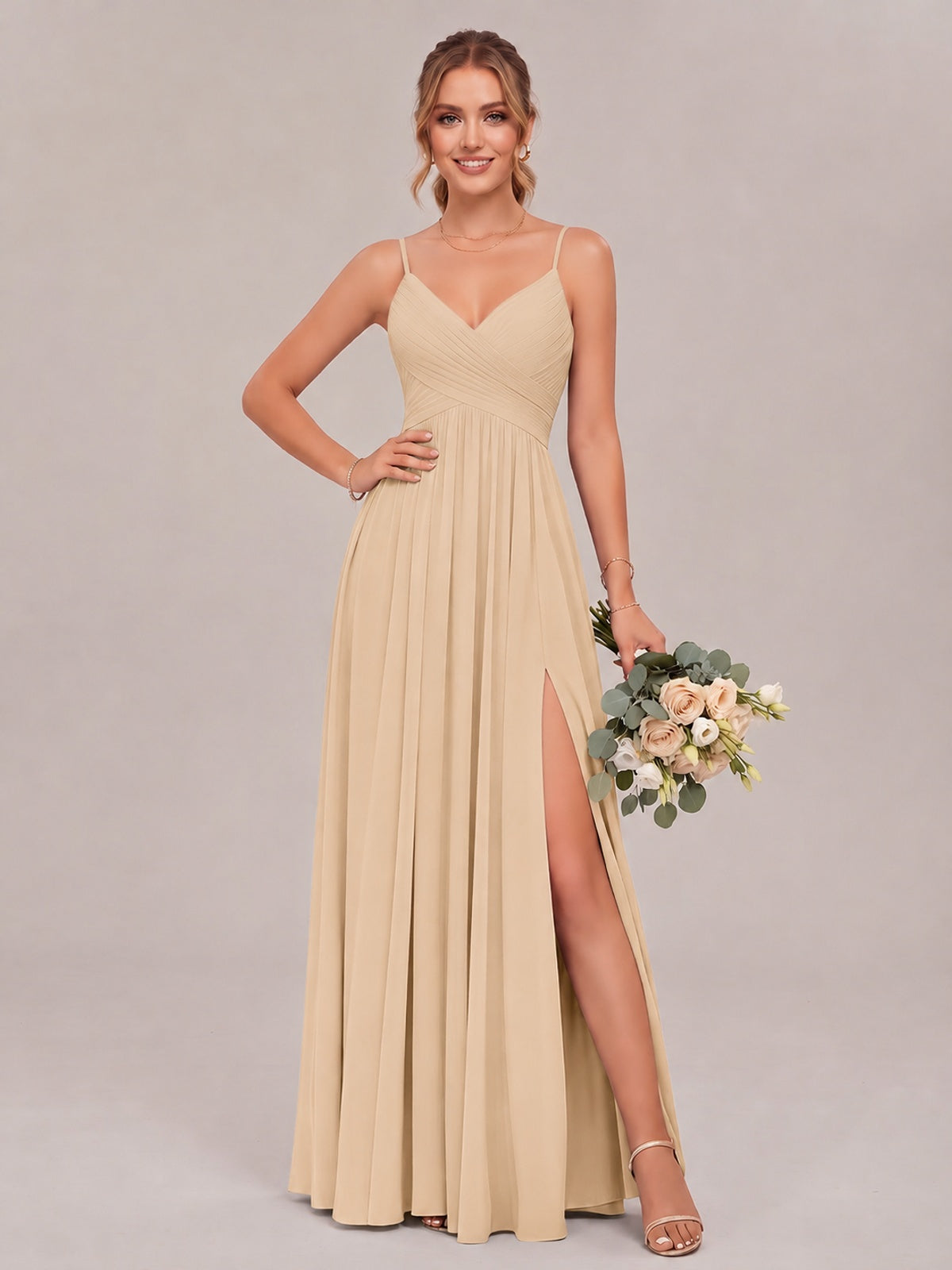 Champagne Spaghetti Straps Pleated Chiffon Bridesmaid Dress with Slit V-Neck A-line Long Formal Evening Wedding Guest Gown