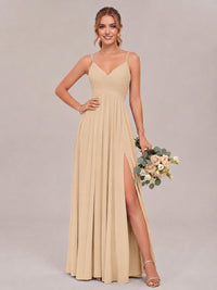 Champagne Spaghetti Straps Pleated Chiffon Bridesmaid Dress with Slit V-Neck A-line Long Formal Evening Wedding Guest Gown