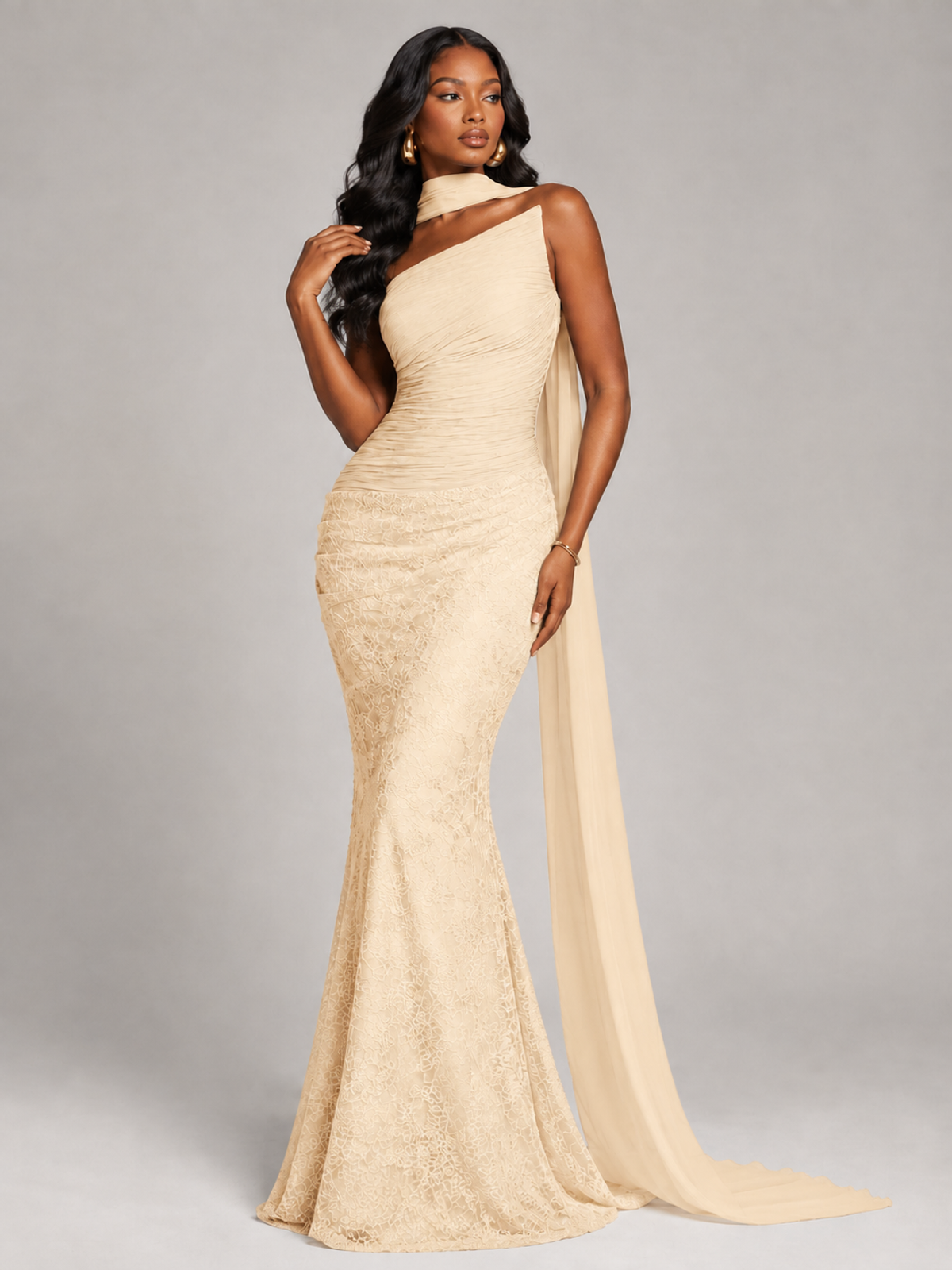 Pleated Chiffon Lace Prom Dresses Long Bodycon Mermaid with Scarf