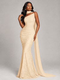 Pleated Chiffon Lace Prom Dresses Long Bodycon Mermaid with Scarf