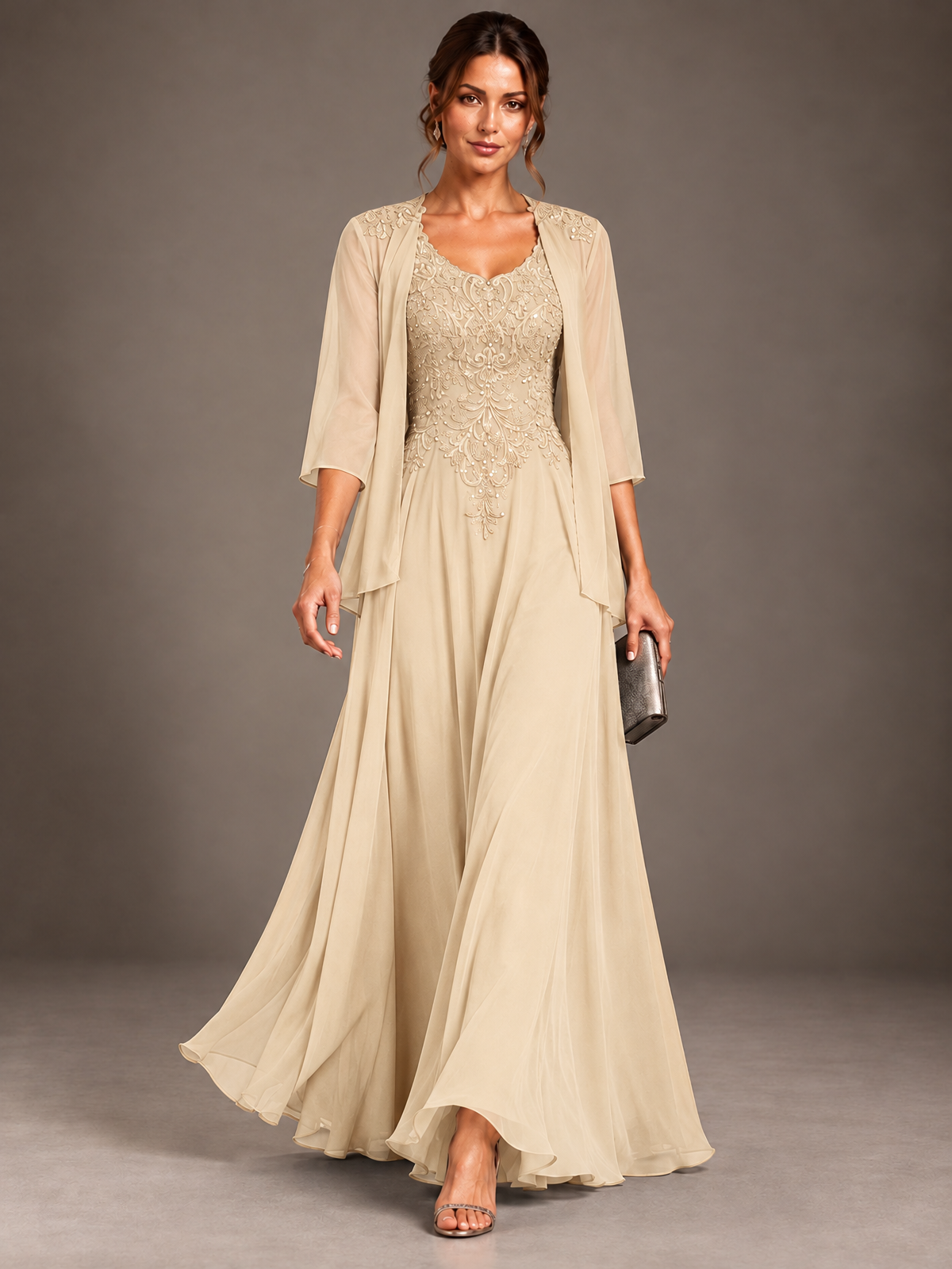 A-line 2 Pieces Chiffon Appliques Mother of The Bride Dresses with Jackets