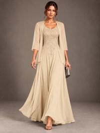 A-line 2 Pieces Chiffon Appliques Mother of The Bride Dresses with Jackets