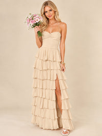 Ruffled Tiered Chiffon Prom Dress Spaghetti Straps Formal Maxi Dress with Slit