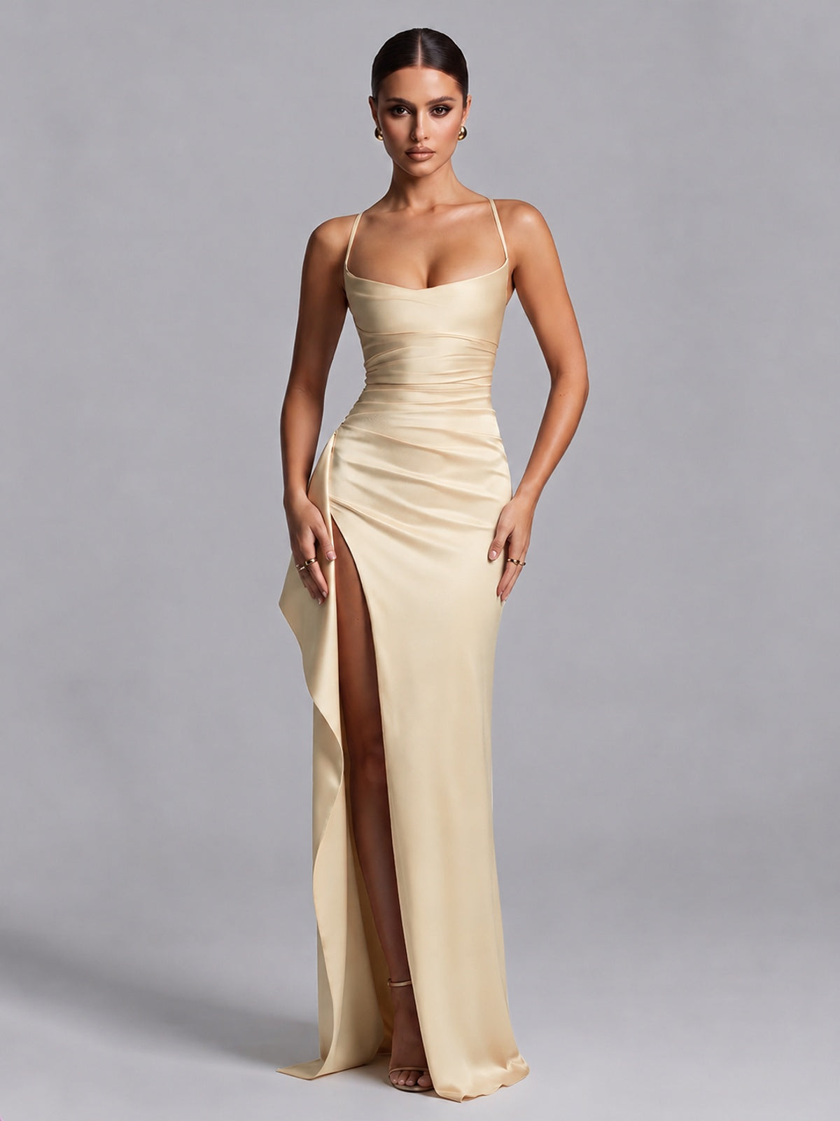 Champagne Squre Neck Pleated Satin Prom Dresses for Teens Women Long Evening Formal Gown with Slit Ruffles