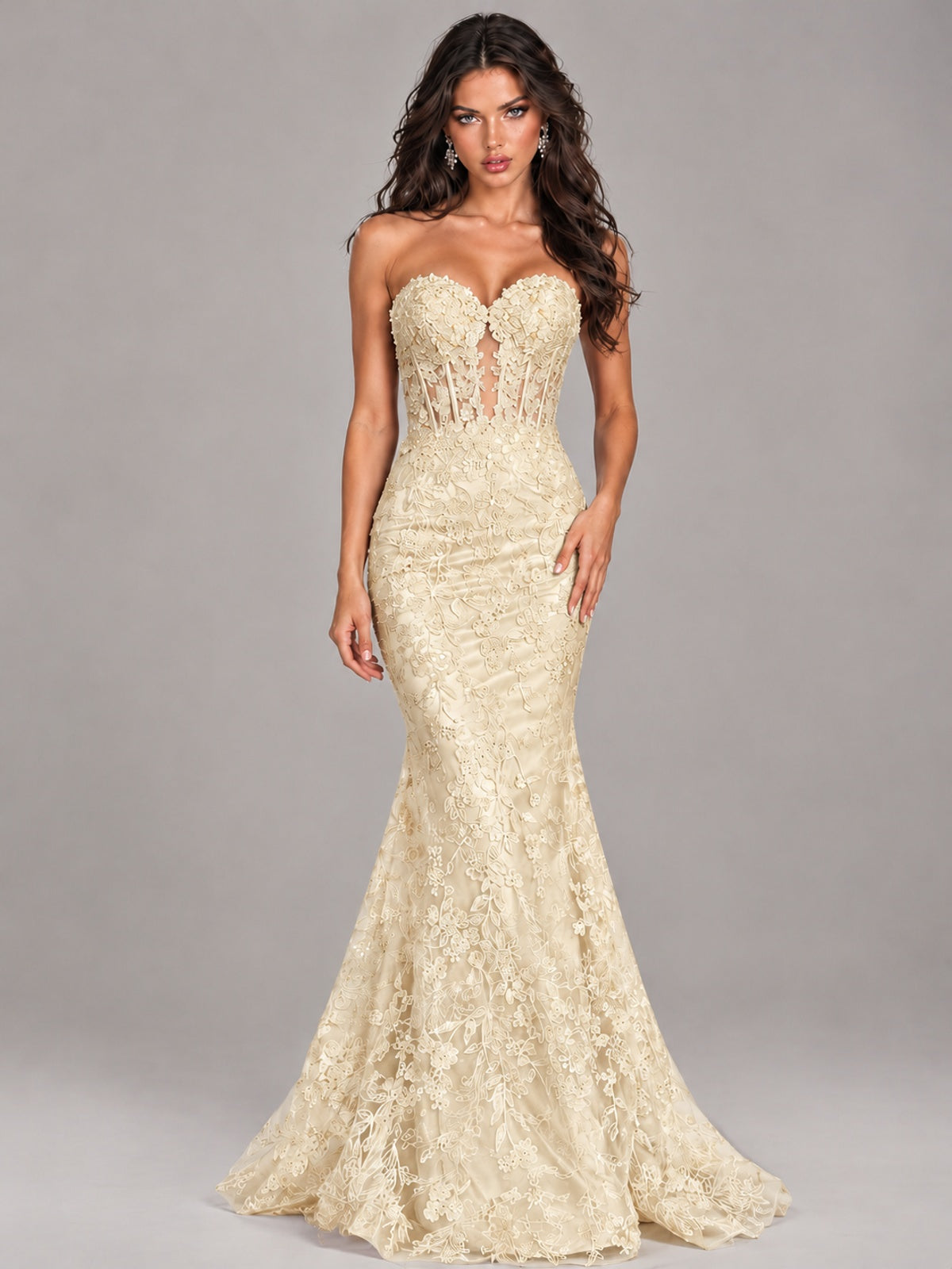 Strapless Corset Mermaid Prom Dress Lace Appliqué Formal Gown