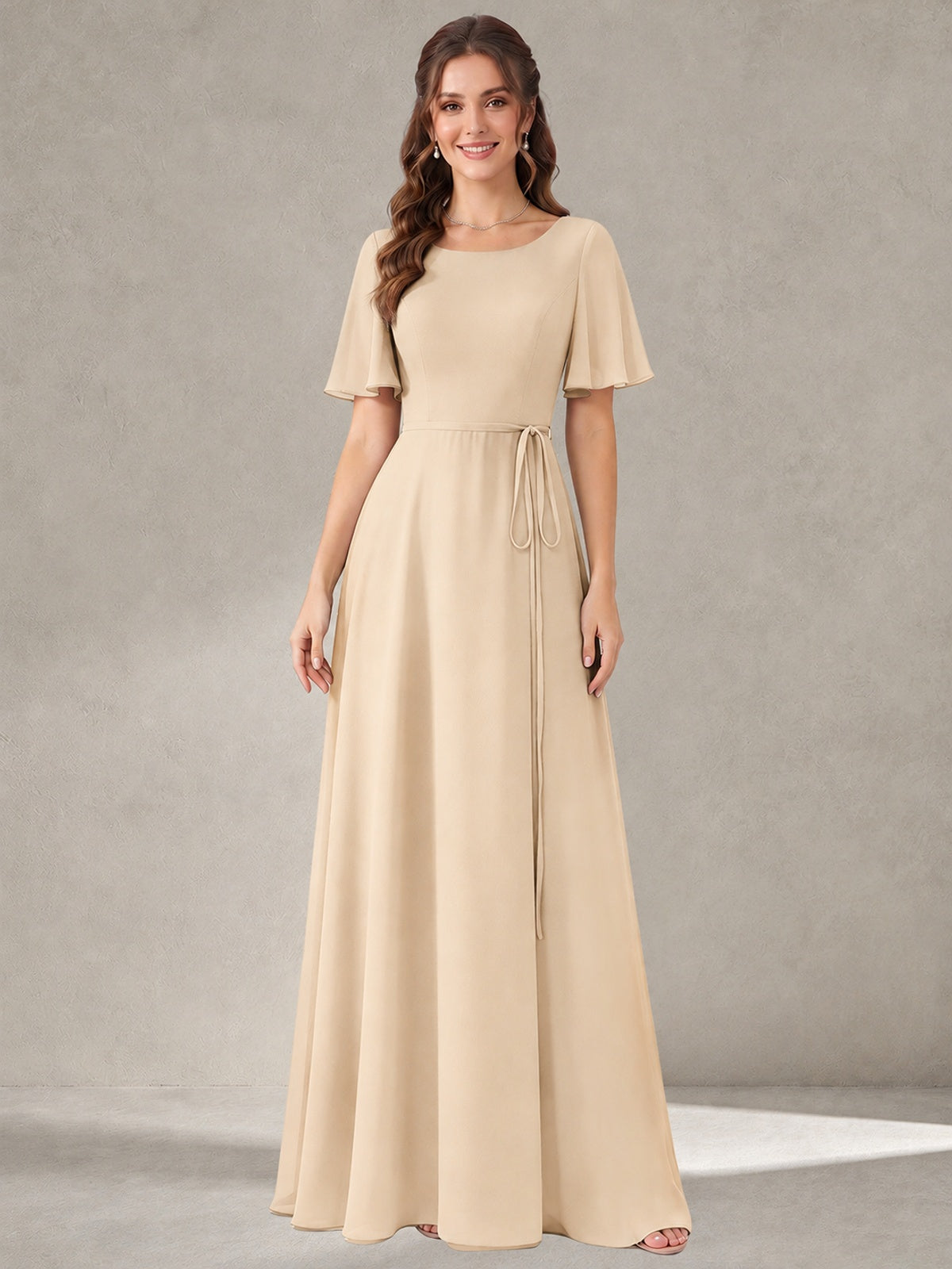 Champagne Scoop Neck A-line Chiffon Bridesmaid Dress with Belt Flutter Sleeve Formal Wedding Guest Dress Evening Gown