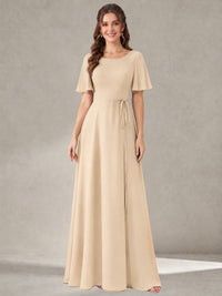 Champagne Scoop Neck A-line Chiffon Bridesmaid Dress with Belt Flutter Sleeve Formal Wedding Guest Dress Evening Gown