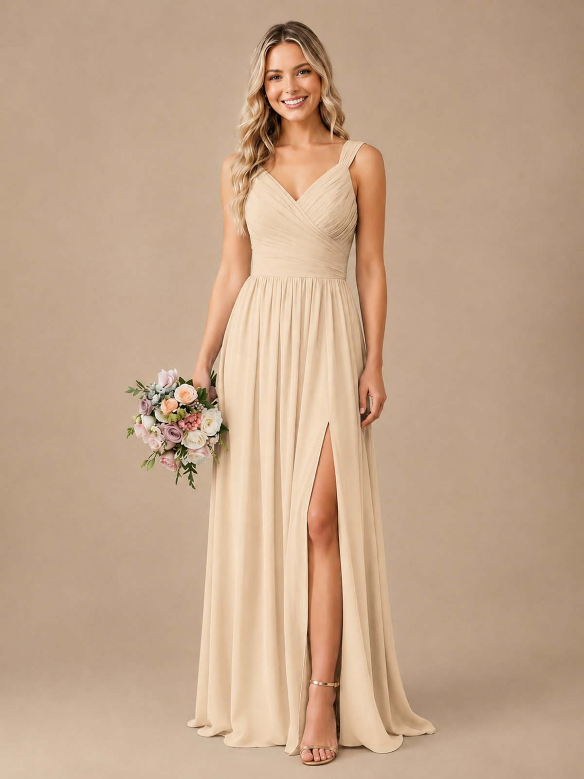 Pleated Chiffon V Neck Wedding Bridesmaid Dresses Floor Length with Slit