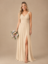 Pleated Chiffon V Neck Wedding Bridesmaid Dresses Floor Length with Slit