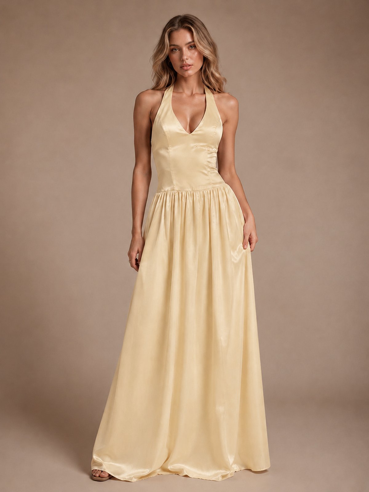 Pink V Neck Halter Satin Maxi Dress