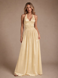Pink V Neck Halter Satin Maxi Dress