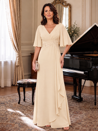 Champagne V-Neck Chiffon Lace Mother of the Bride Dresses with Flutter Sleeve A-line Long Ruffled Evening Formal Wedding Guest Gown