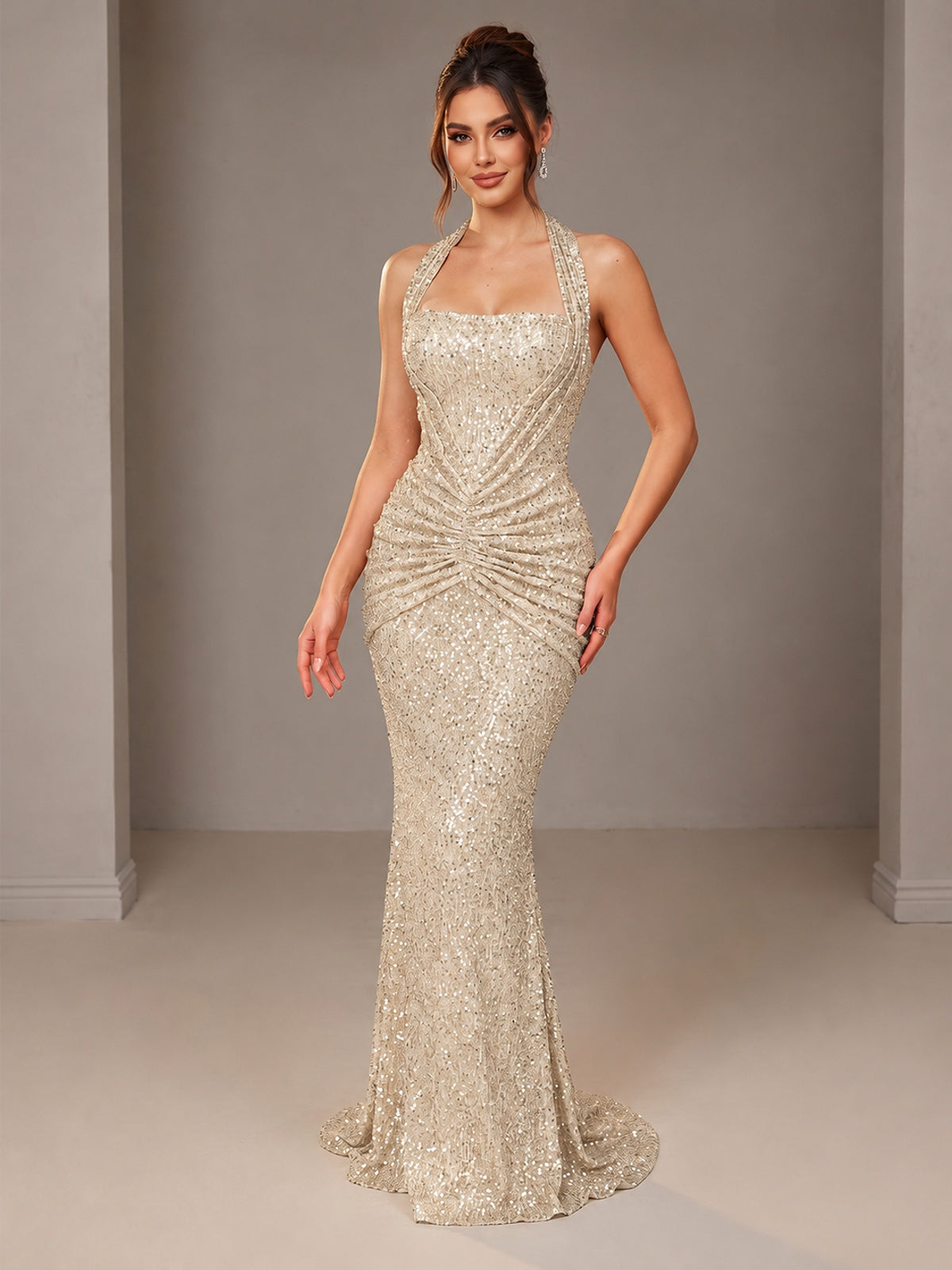 Champagne Halter Sequin Mermiad Ruched Prom Dress Long Ruched Eveing Gown