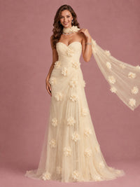Blush Pink Strapless Sweetheart 3D Floral Tulle Mermaid Prom Dress