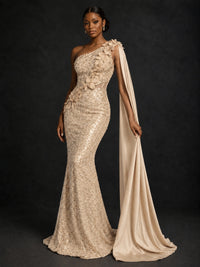 Gold Sequin One Shoulder Mermaid Prom Dress with Cape