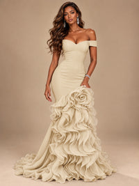 Dusty Blue Off-the-Shoulder Mermaid Prom Dress with 3D Rose & Ruffles