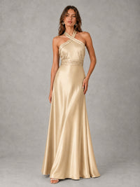Sage Green Satin A-Line Bridesmaid Dress with Halter Neck