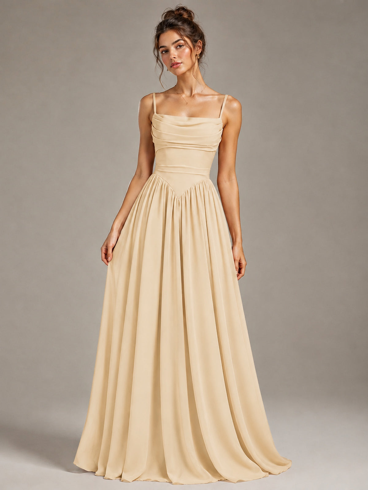 Spaghetti Strap Ruched Chiffon Maxi Dress with Backless