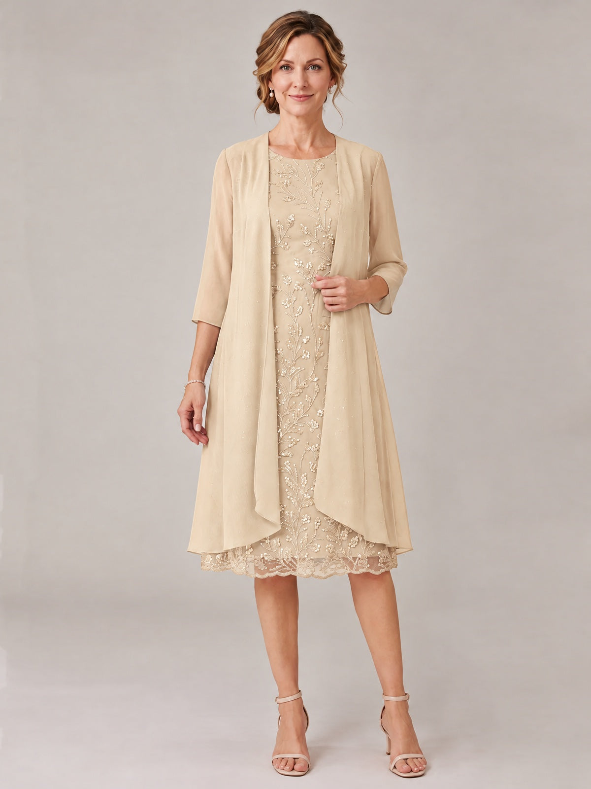Champagne-2 Piece Lace Appliques Chiffon Mother of The Bride Dress with Sequin
