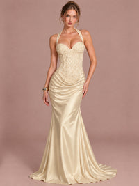 Champagne Sparkling Halter Corset Satin Mermaid Prom Dress Long Ruched Sequin Formal Gown Evening Party Dress